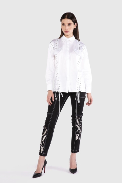 Gizia Lace Detailed Poplin White Shirt. 1