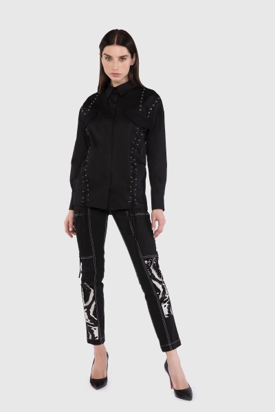 Gizia Lace Detailed Poplin Black Shirt. 1