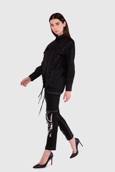 Gizia Lace Detailed Poplin Black Shirt. 2