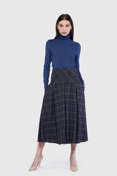 Gizia Pleated Detailed Midi Length Plaid Anthracite Wool Skirt. 1