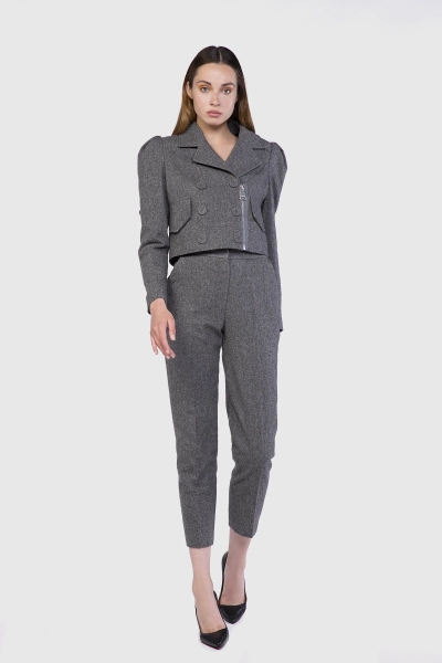  GIZIA - Flywheel Detailed Crop Wool Fabric Gray Jacket