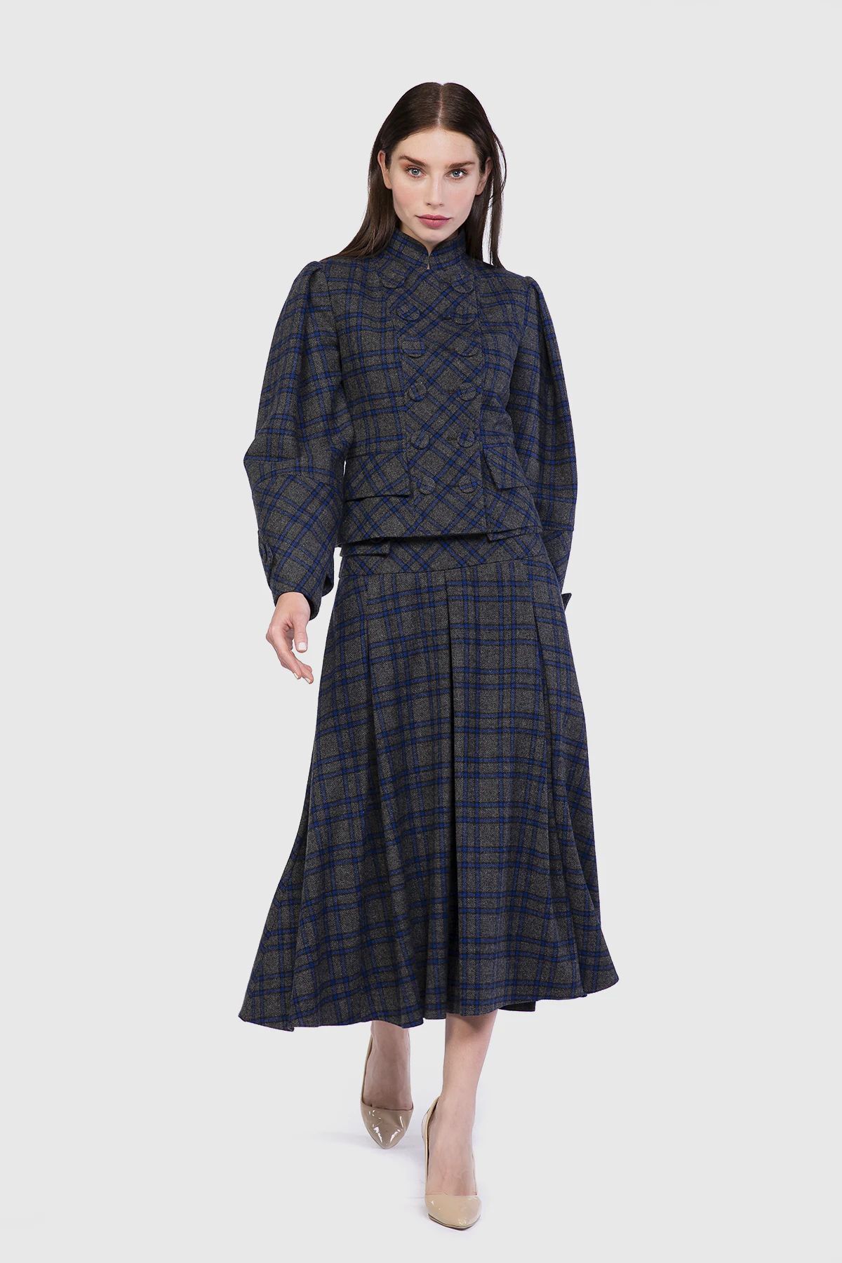  GIZIA - Checked Fabric Button Detailed Pleated Sleeve Anthracite Jacket