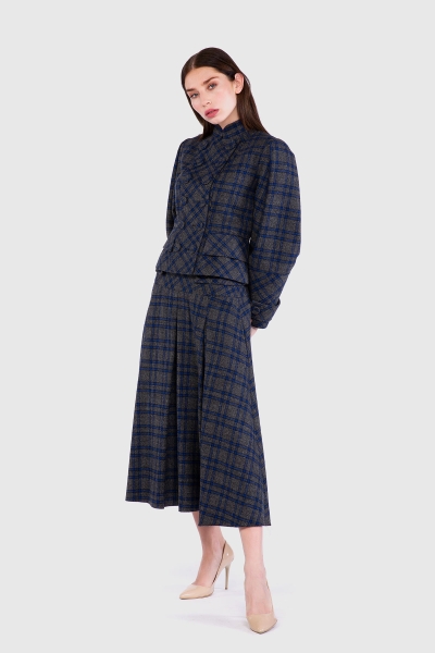 Gizia Checked Fabric Button Detailed Pleated Sleeve Anthracite Jacket. 2
