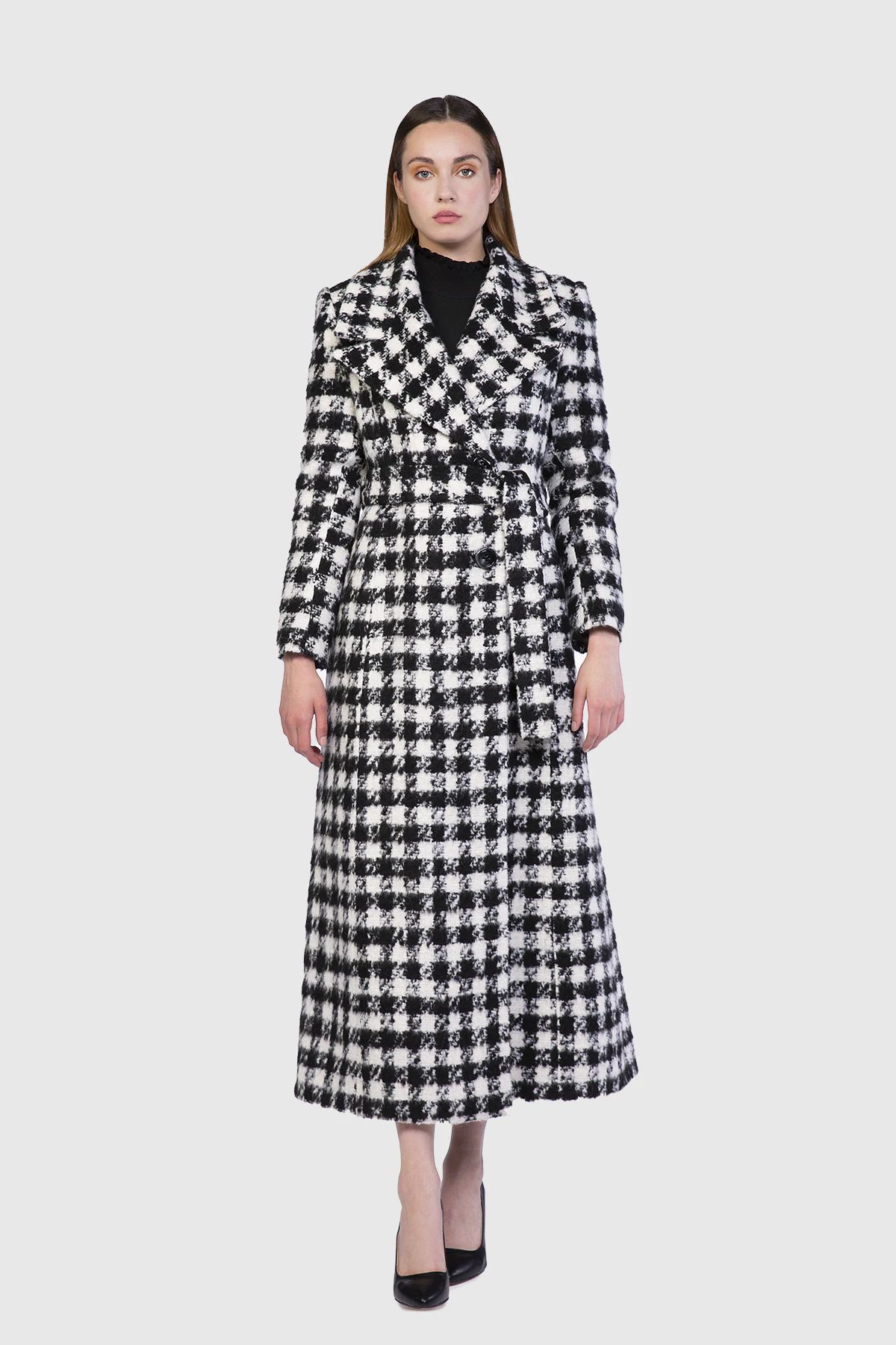  GIZIA - Crowbar Plaid Patterned Belted Black And White Coat
