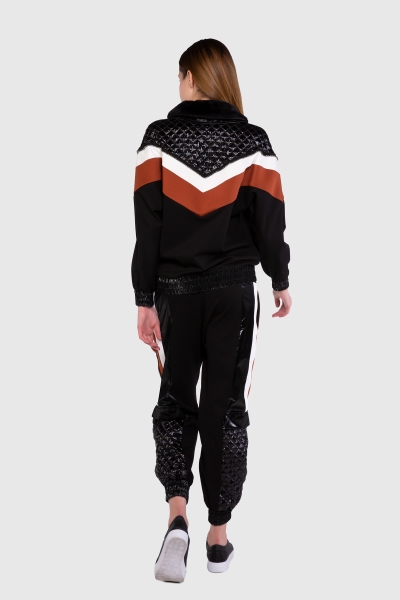 Gizia Color Block Detailed Fur Collar Zippered Black Sweatshirt. 3