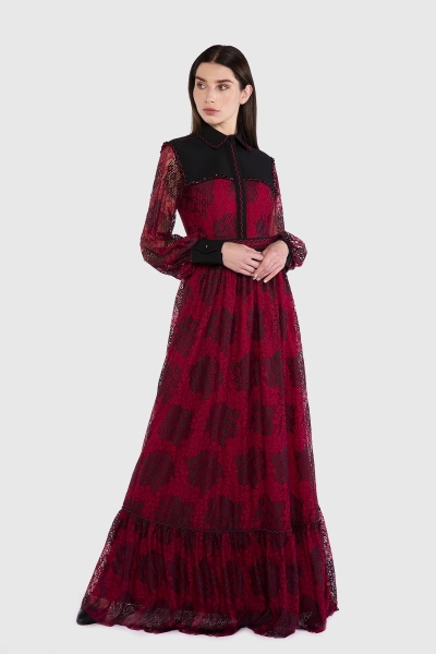  GIZIA - Stripe Accessory And Robe Detail Long Lace Red Dress