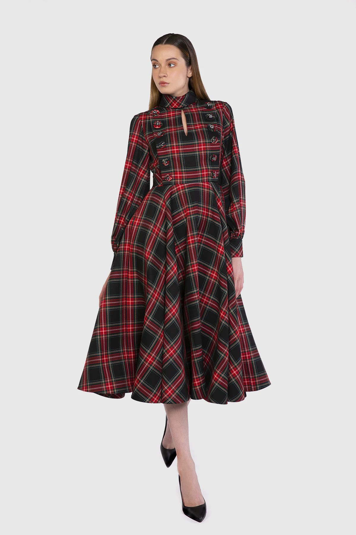  GIZIA - Button Detailed Ankle Length Plaid Red Dress