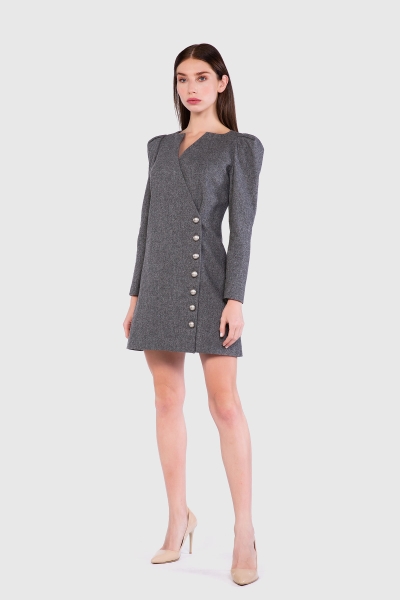 Gizia Buttoned Pleated Shoulder Detailed Gray Dress. 2