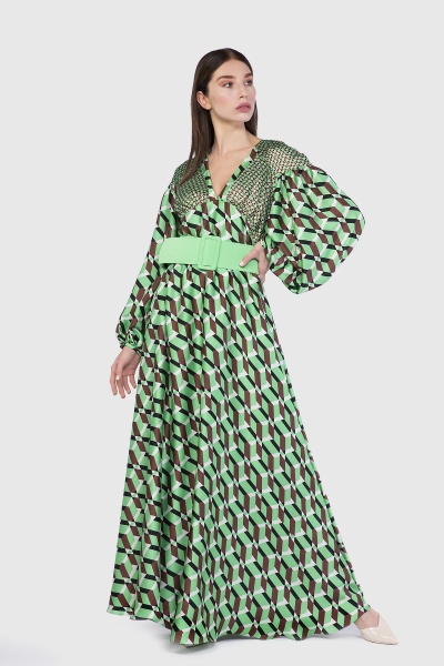  GIZIA - Large And Small Geometric Patterned Long Green Dress