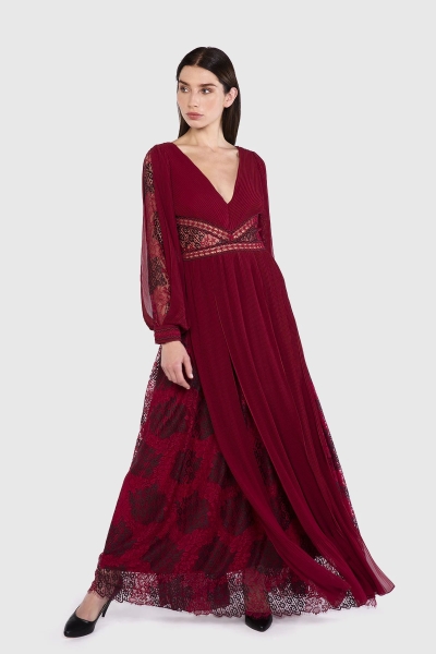  GIZIA - Lace Pleated Long Red Chiffon Dress