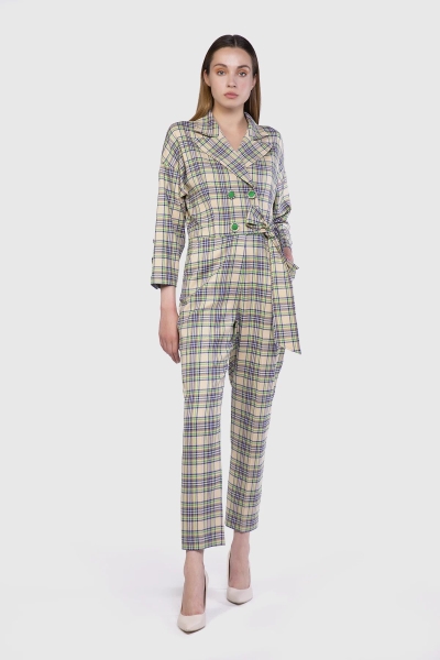 Gizia Button Detailed Side Belted Plaid Green Jumpsuit. 1