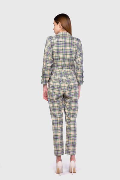 Gizia Button Detailed Side Belted Plaid Green Jumpsuit. 3