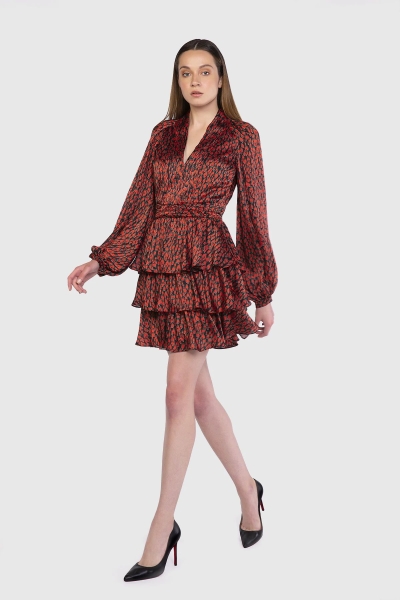  GIZIA - Pleat And Ruffle Detailed Patterned Mini Red Dress