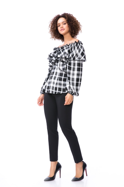 Gizia With Ruffle And Flounce Detail Black Plaid Blouse. 2