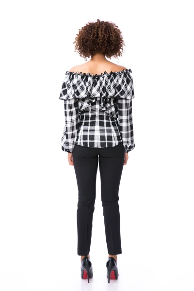 Gizia With Ruffle And Flounce Detail Black Plaid Blouse. 3