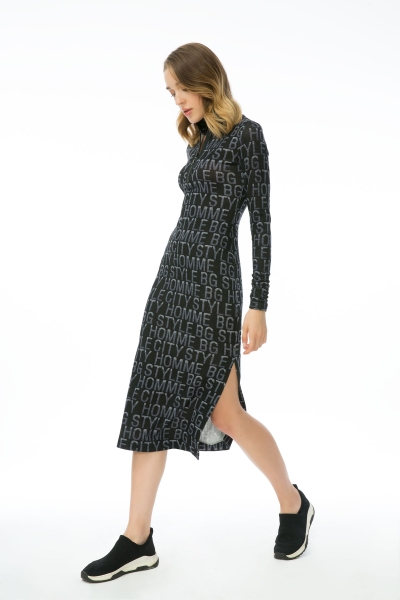 Gizia Letter Patterned Zipper Detailed Knitted Midi Black Dress. 2