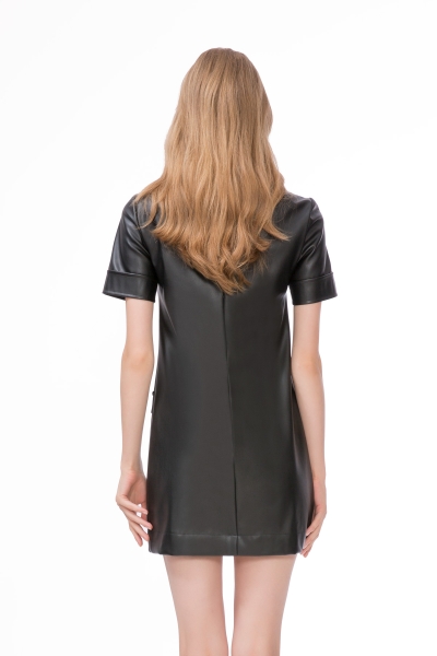 Gizia Leather Short Sleeve Studded Mini Black Dress. 3