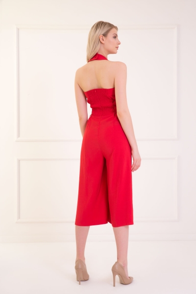 Gizia Halter Collar Waist Lace Detail Wide Leg Midi Red Jumpsuit. 2