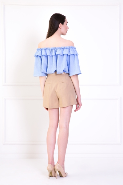 Gizia Ruffle Detailed Brooch Blue Blouse With Elastic Sleeves. 1