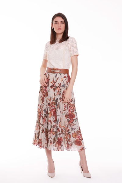 Gizia Belted Flower Patterned Pleated Midi Skirt. 1