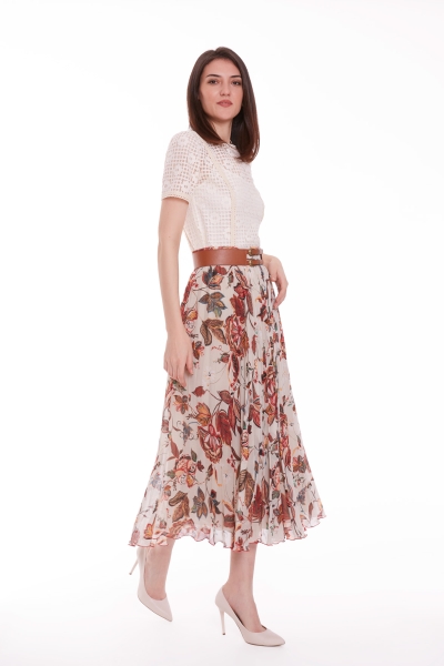 Gizia Belted Flower Patterned Pleated Midi Skirt. 2