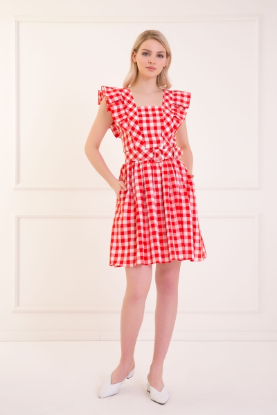 Gizia Gingham Volan-Sleeve Belted Mini Red Dress. 1