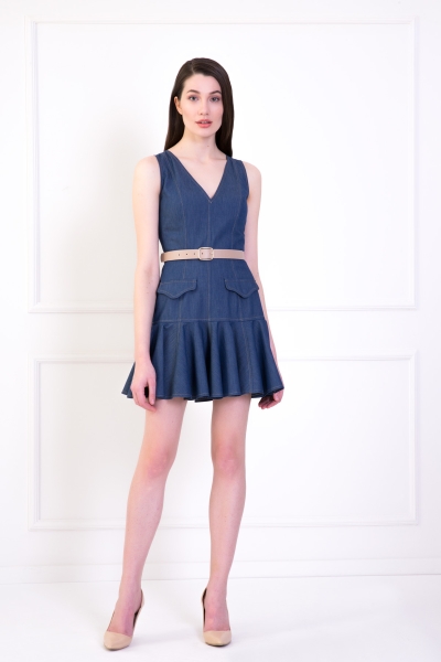 Gizia Woven Denim Ruffle Contrast Leather Belt Blue Mini Dress. 1