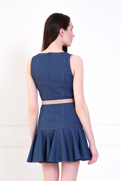 Gizia Woven Denim Ruffle Contrast Leather Belt Blue Mini Dress. 2