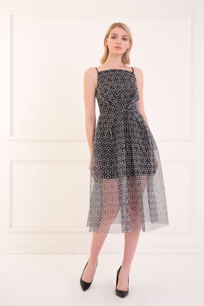 Gizia Embroidered Lace Pleat Detailed Strap Black Midi Evening Dress. 1