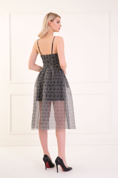 Gizia Embroidered Lace Pleat Detailed Strap Black Midi Evening Dress. 2