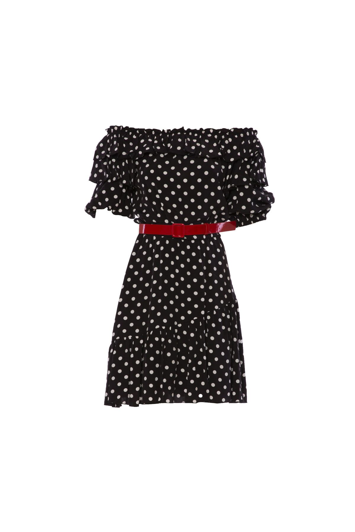 KIWE - Frill Detailed Shoulder Elastic Belt Polka Dot Black Midi Dress
