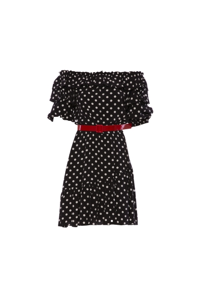 Gizia Frill Detailed Shoulder Elastic Belt Polka Dot Black Midi Dress. 1
