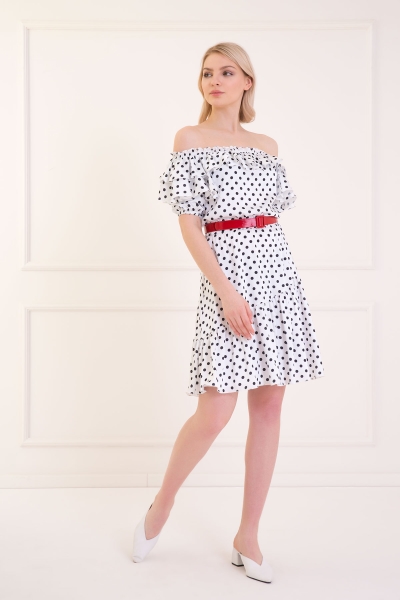 KIWE - Frill Detailed Shoulder Elastic Belt Polka Dot White Midi Dress