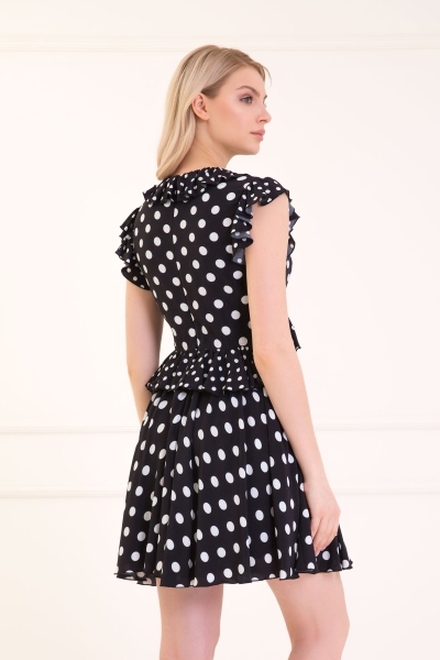Gizia Ruffle And Flounce Detail Polka Dot Black Short Dress. 2