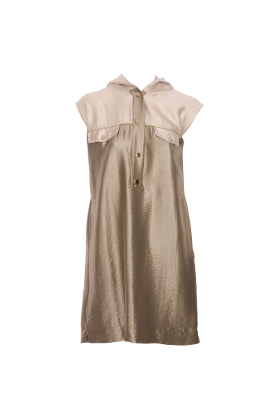 Gizia Contrast Color Two Pocket Hooded Satin Beige Dress. 1