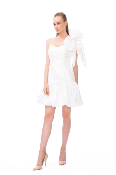 KIWE - One-Shoulder Bow Balloon Skirt Lace Mini White Dress