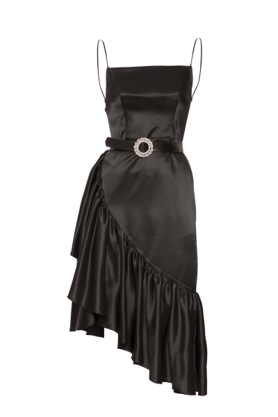 KIWE - Spaghetti Strap Stone Belted Volan Skirt Midi Evening Dress