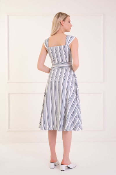 Gizia Striped Linen Strap Belted Blue Midi Dress. 2