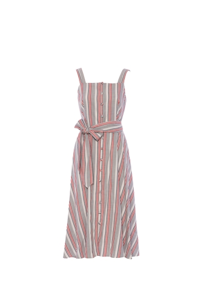 Gizia Striped Linen Strap Belted Fabric Button Midi Dress. 1