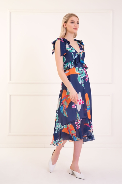 KIWE - Desenli Volanlı V Yakalı Şifon Midi Elbise