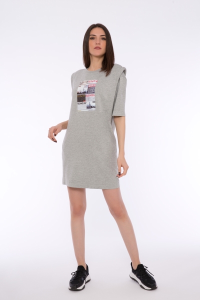 Gizia Shoulder Detailed Printed Knitted Grey Dress. 3