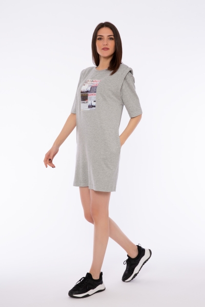 Gizia Shoulder Detailed Printed Knitted Grey Dress. 2