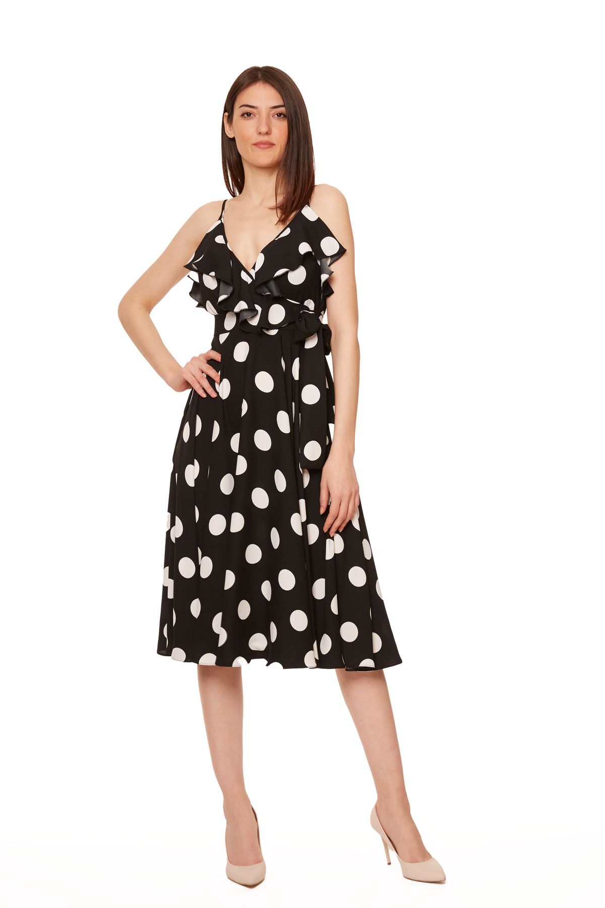 KIWE - Strap Polka Dot Patterned Ruffle Midi Black Dress