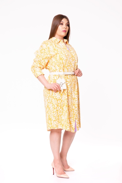 Gizia Patterned Tencel Belted Yellow Shirt Dress. 2