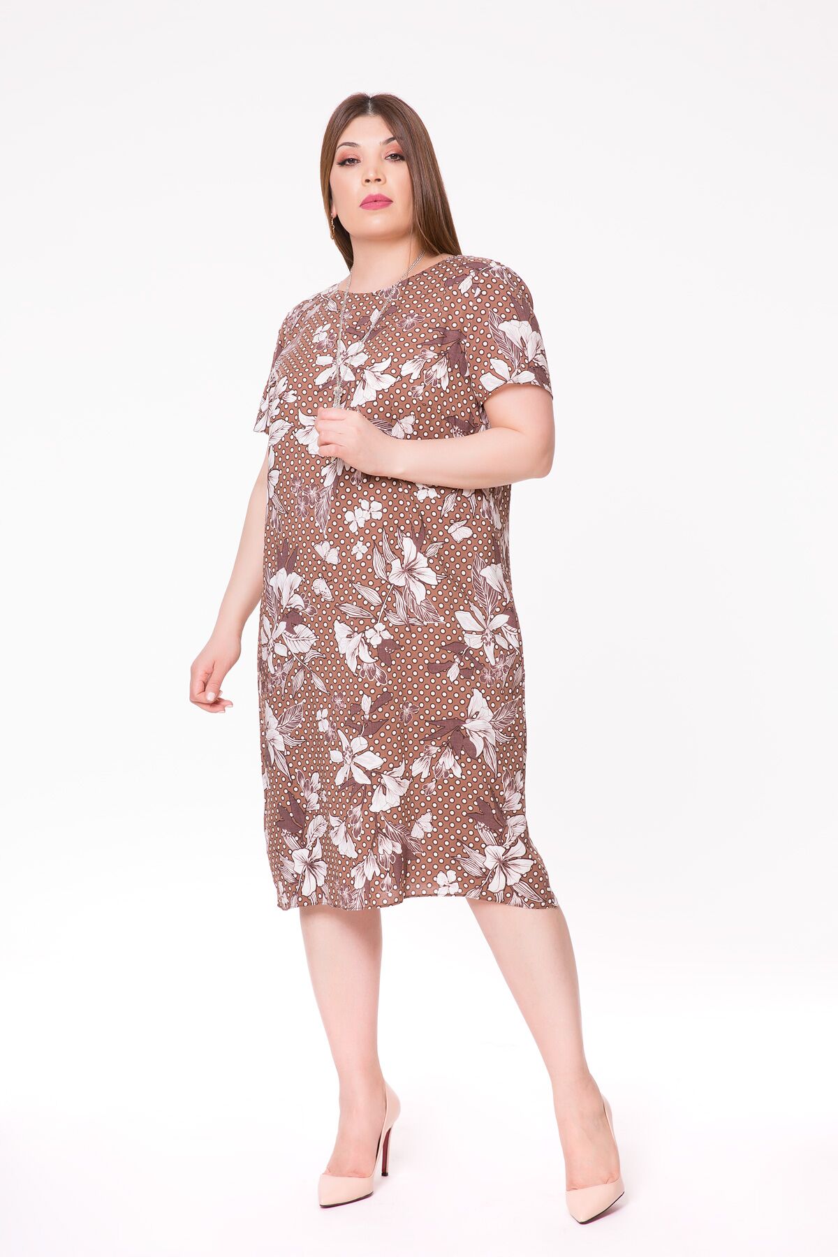 KIWE - Patterned Necklace Midi Length Brown Dress