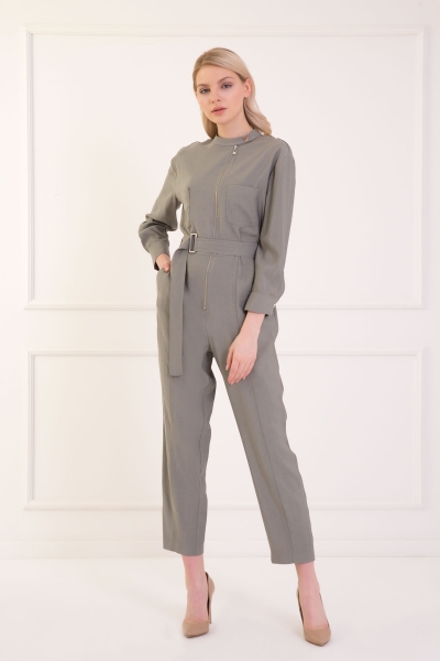 Gizia Long Sleeve Metal Zipper Khaki Jumpsuit. 1