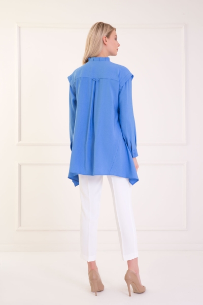 Gizia Collar Ruffle Detailed Full Blue Shirt. 2
