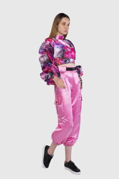 Gizia Detailed High Waist Wide Cut Satin Pink Trousers. 2