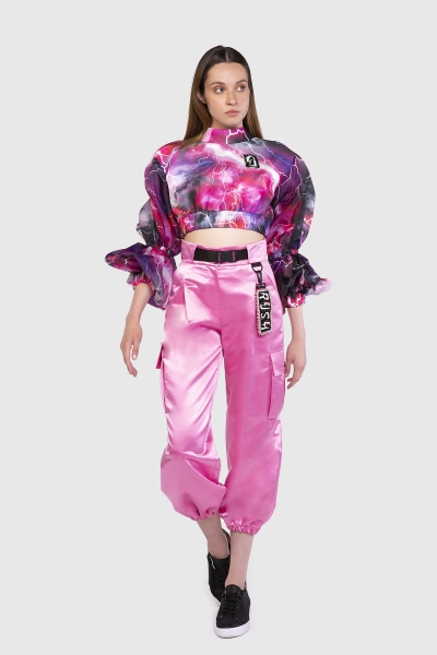  GIZIA SPORT - Detailed High Waist Wide Cut Satin Pink Trousers