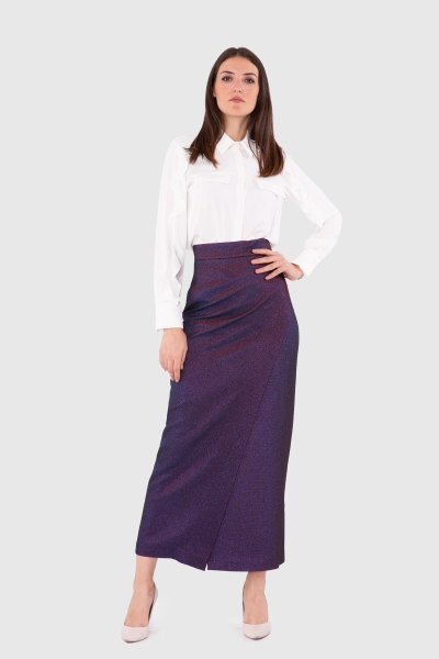  GIZIA - Slit Detailed High Waist Calf Length Sax Skirt